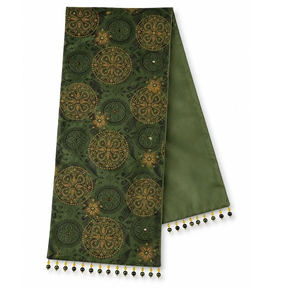 Pier 1 14x74 Table Runner Holiday Medallion Circle Print Beaded Trim Green Gold